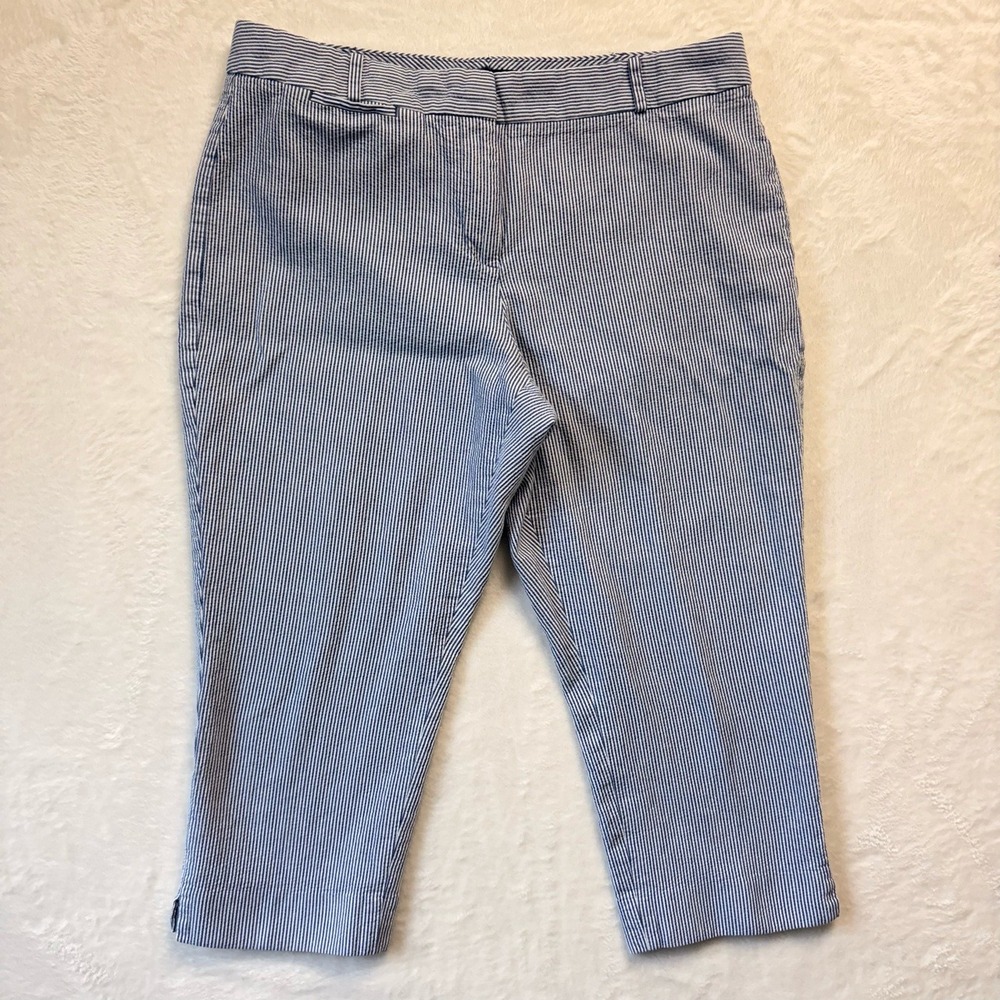 Talbots Pants Women Sz 14 Petite Blue Seersucker Cropped Striped Career Casual